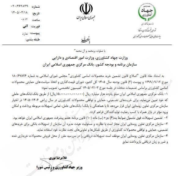 خط اعتباری 1500 میلیارد تومانی بانک مرکزی برای خرید محصولات کشاورزی خط اعتباری 1500 میلیارد تومانی بانک مرکزی برای خرید محصولات کشاورزی